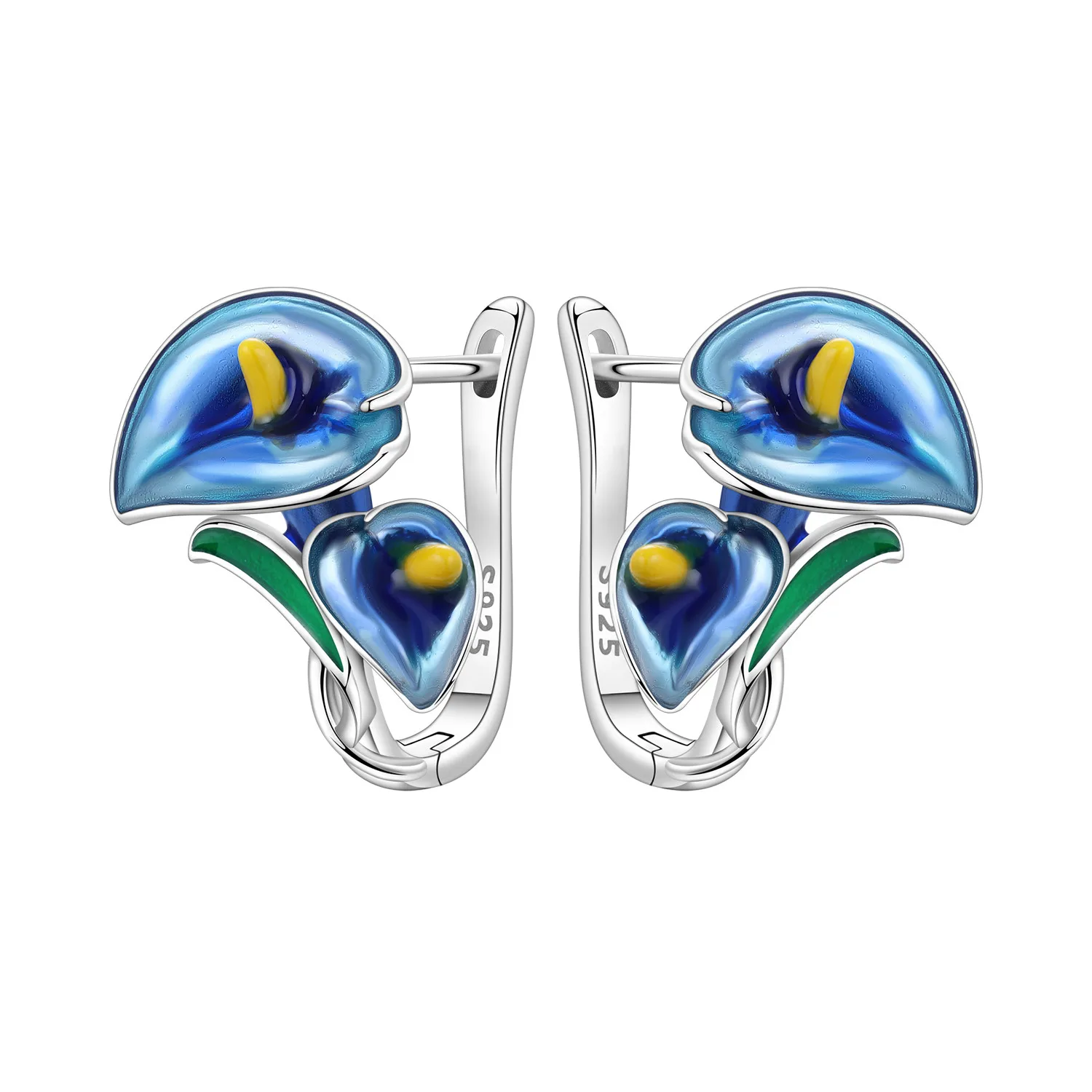 PANPOKI S925 Sterling Silber Blaue Hufeisen-Lotusblumen-Ohrringe, Creolen für Damen, Original Trendiger Schmuck, Jubiläumsgeschenke