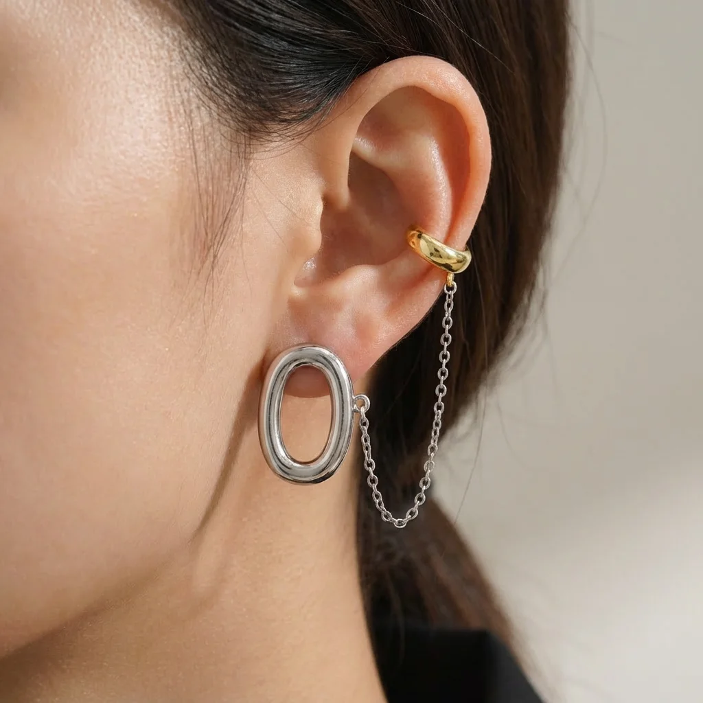 

Fashion Geometric Oval Hoop Tassel Chain Earring with Gold Color Ear Cuff for Women Two Tone Geometric Stainless Steel Jewelry