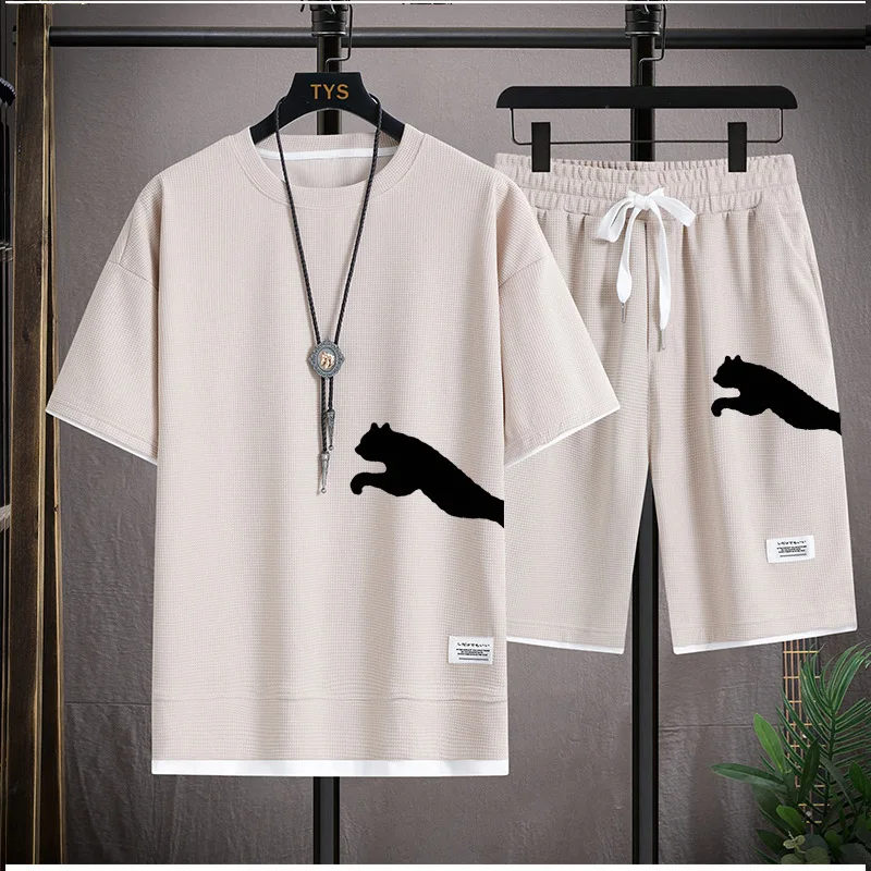 남성용 와플 반팔 티셔츠, 캐주얼 스포츠 세트, 루즈한 반팔 티셔츠, 투피스 세트, 2024 여름 신상