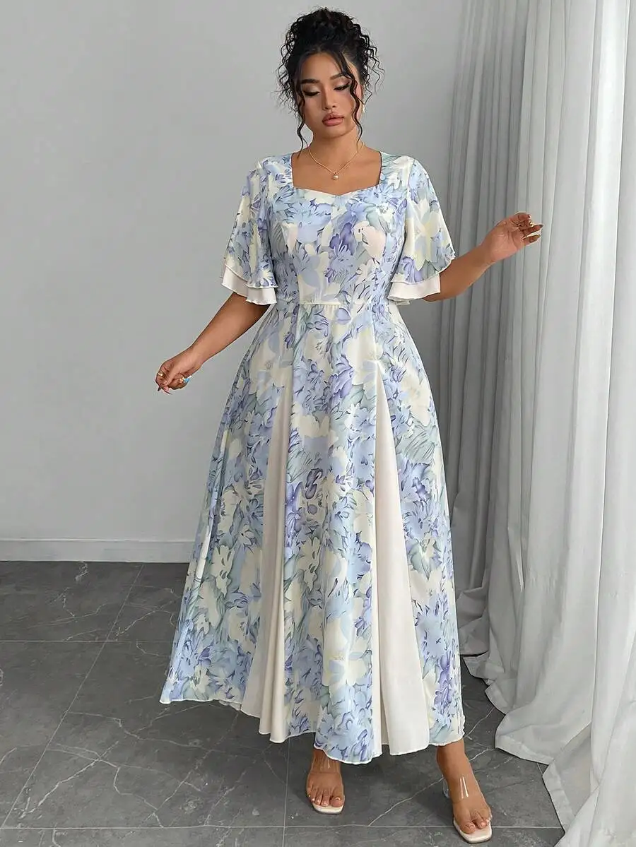 Plus Size Blue Floral Print Square Neck Flutter Sleeve A-Line Dress With Apricot Splice