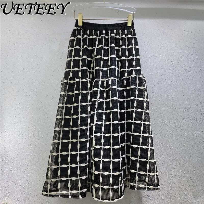 

2025 Spring Summer New High-end Fashion Skirts for Women Mesh Hollow Crochet Color-blocking Plaid Fairy A-line Midi Skirt
