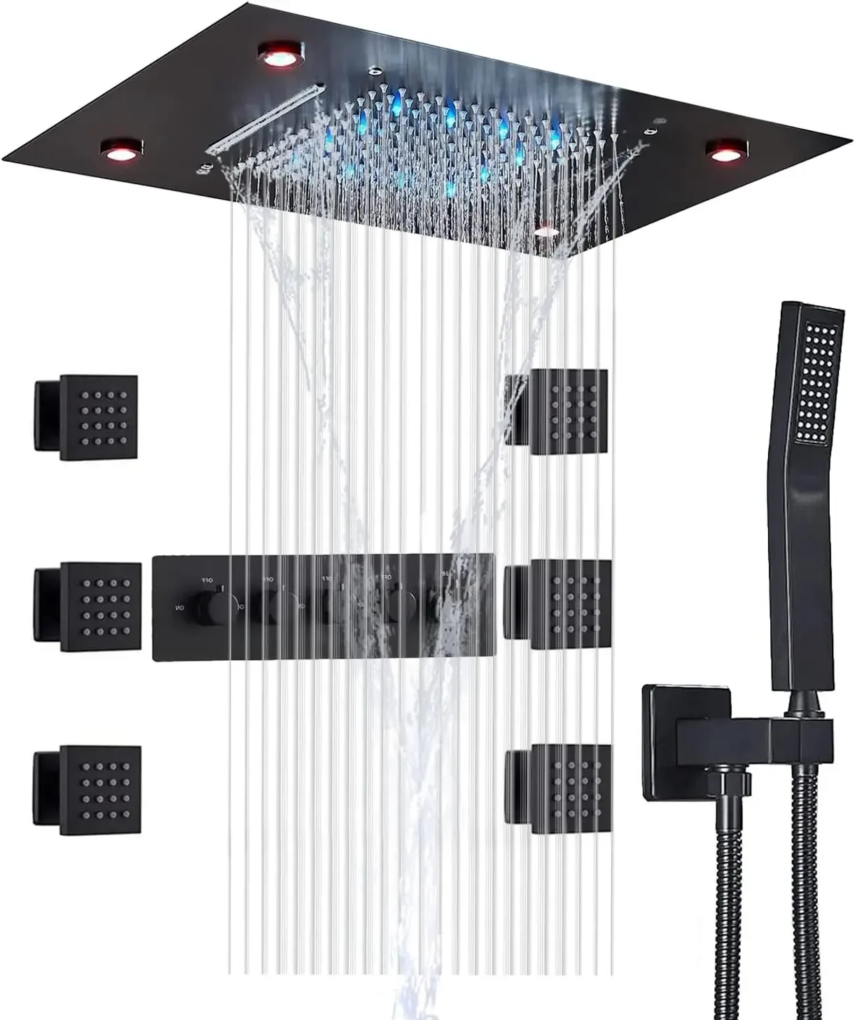 

Светодиодная душевая система с эффектом дождя, потолочная, с ручным распылителем и комбинированными форсунками для ванной комнаты