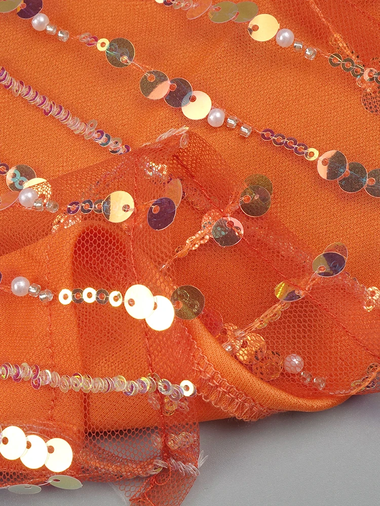 Party Evening Off Shoulder Mesh Sequins Feather Maxi Long Orange Bodycon Dress Elegant  Ball Gowns