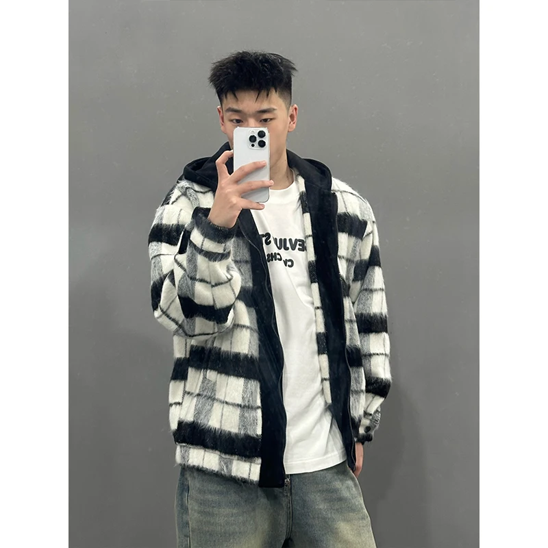 

Thiened Plaid Woolen Coat Men's Autumn Winter Sle Baseball Jaet American Sle Couple's Coat with Hood Youth Faion