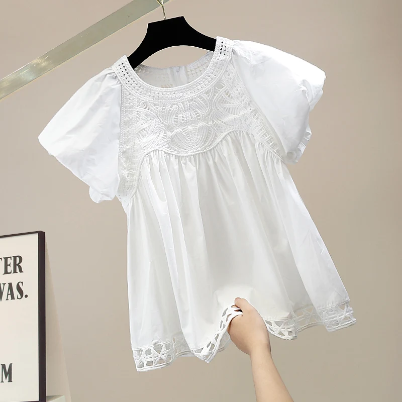 

Faionable High-End Embroidered Hollow Water-Soluble Lace Patchwork Sweet Bubble Sve ort-Sved Doll irt Summer Tren...