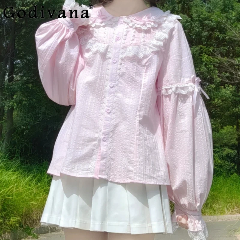 

Spring New Elegant Girl Sweet Peter Pan Collar Long Sleeve Cotton Shirt Cute Lace Splicing Bow Loose Lolita Bottoming Shirts