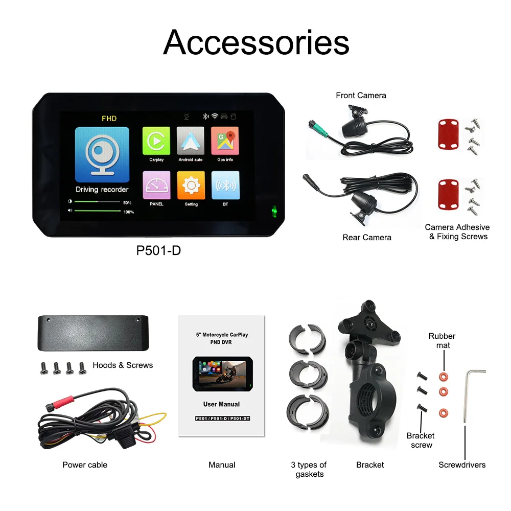 Portable 5 Inch Motorbike Outdoor GPS Navigation Motorcycle Apple CarPlay Android Auto 1080P Front Back DVR Camera