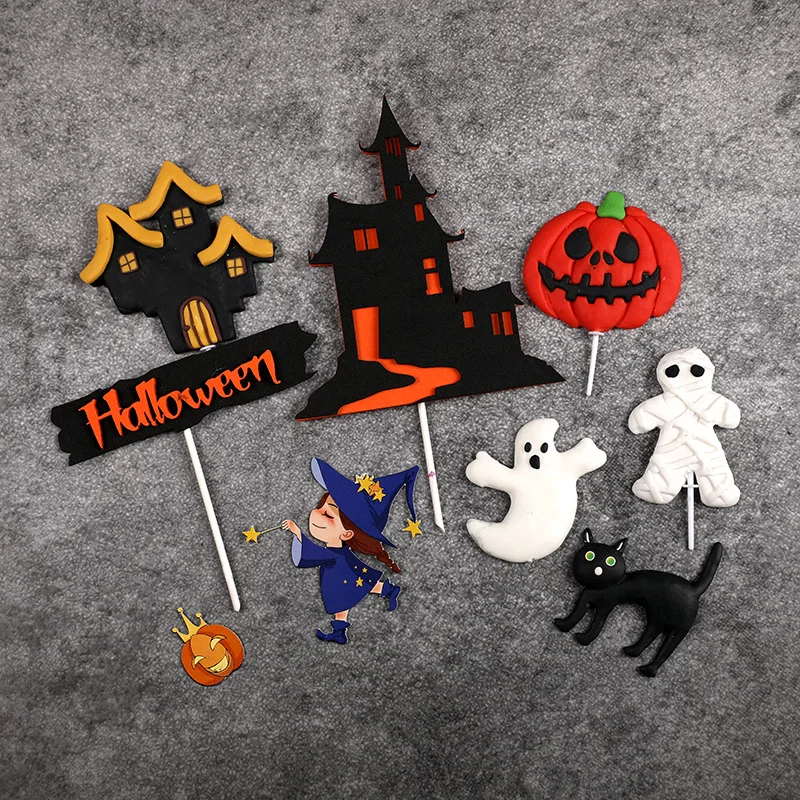 Halloween Cake Decoration Soft Pottery Castle Black Cat Pumpkin Witch Cake Toppers Baking