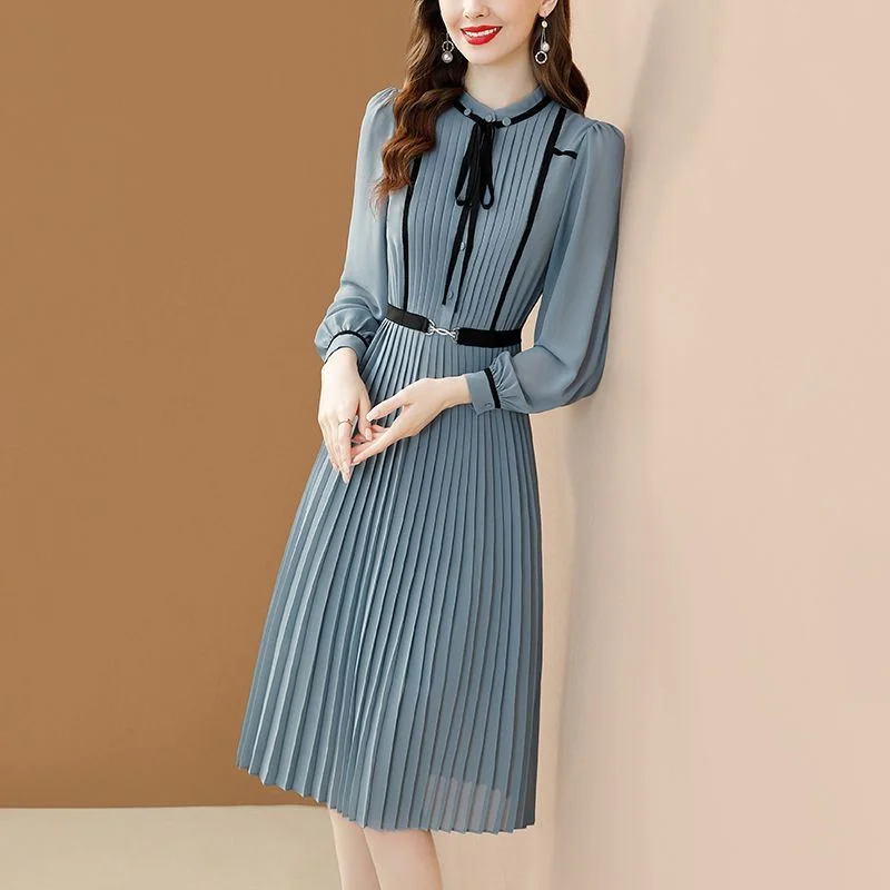 Women Fashion Temperament Age-reducing Long-sleeved Dress Female Spring 2023 New Solid Color Lace Waist Slim Medium Length Skirt