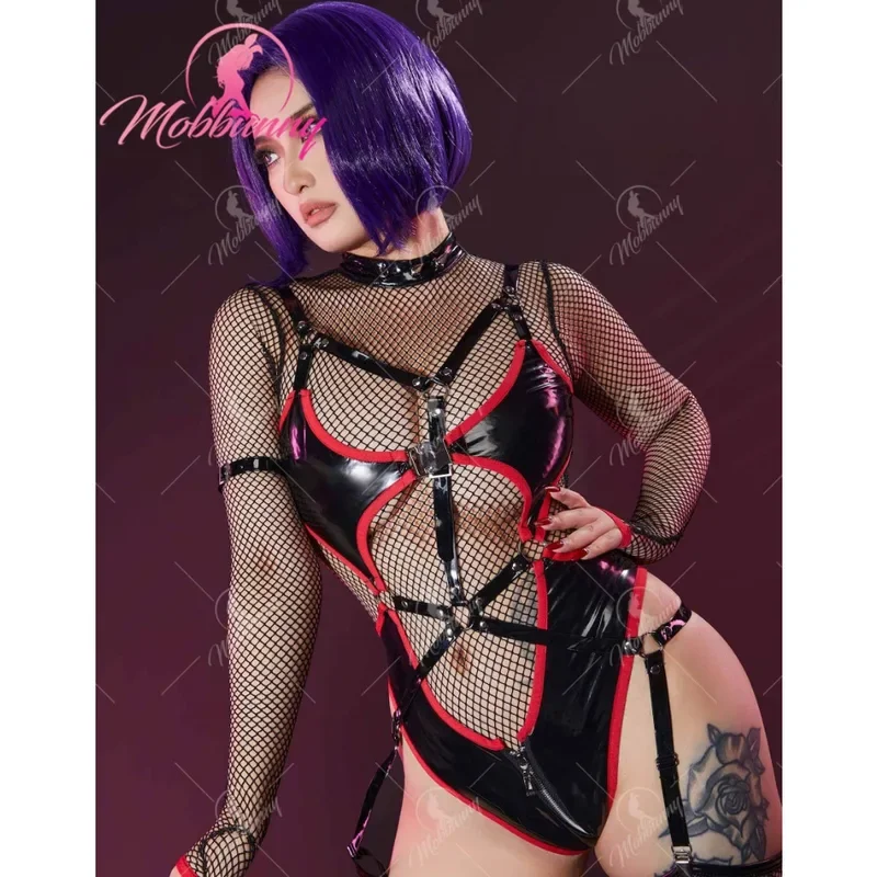 

EE01 Mobbunny Women Ninja Sexy Lingerie Set Black Cutout Zipper Bodysuit with Long Sleeve Mesh Top and Stockings Cosplay Cos&0Ww