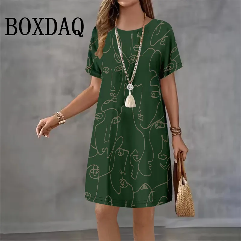 أزياء الصيف فساتين نسائية عادية مجردة الشارع اللوحة الوجه المطبوعة فستان قصير الأكمام عادية س الرقبة تي شيرت فستان فضفاض