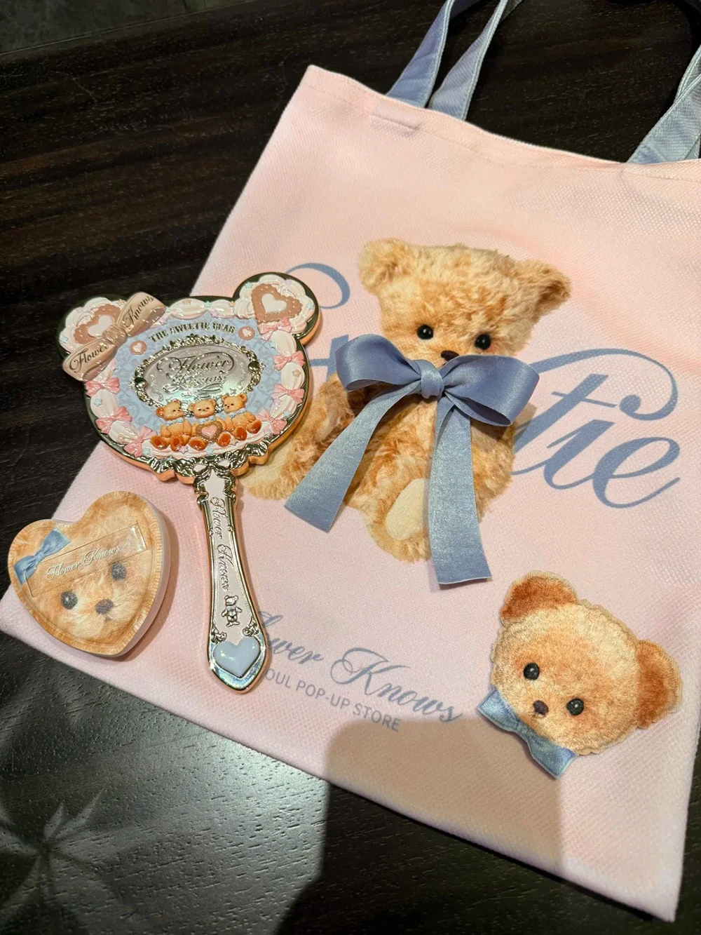 Flower Knows Limited Edition Hand Mirror with Powder Puff and Canvas Tote Bag Pastel Pink Blue Aesthetic Makeup