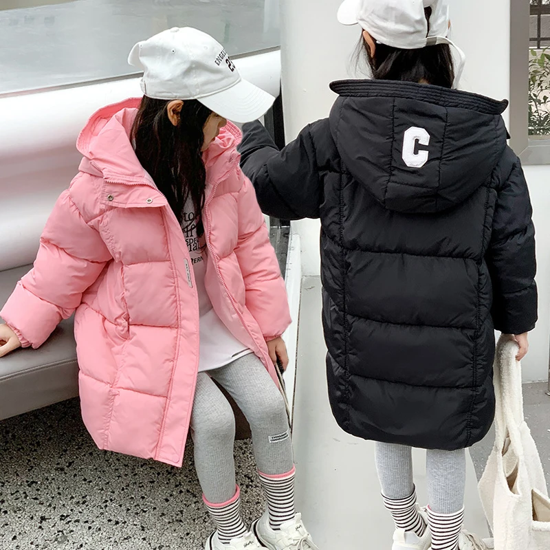 

Зимняя теплая куртка для девочек от 2 до 10 лет, модное тяжелое пальто с капюшоном и буквой C для детей, подарок на день рождения, верхняя одежда для холода