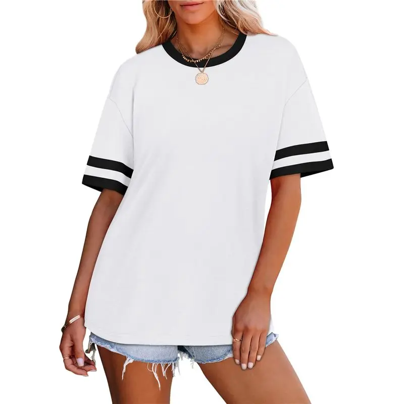 

CYL-Womens T Shirts Loose Fit Short Sleeve Tees Crew Neck Color Block Summer Tops 2025 Fashion