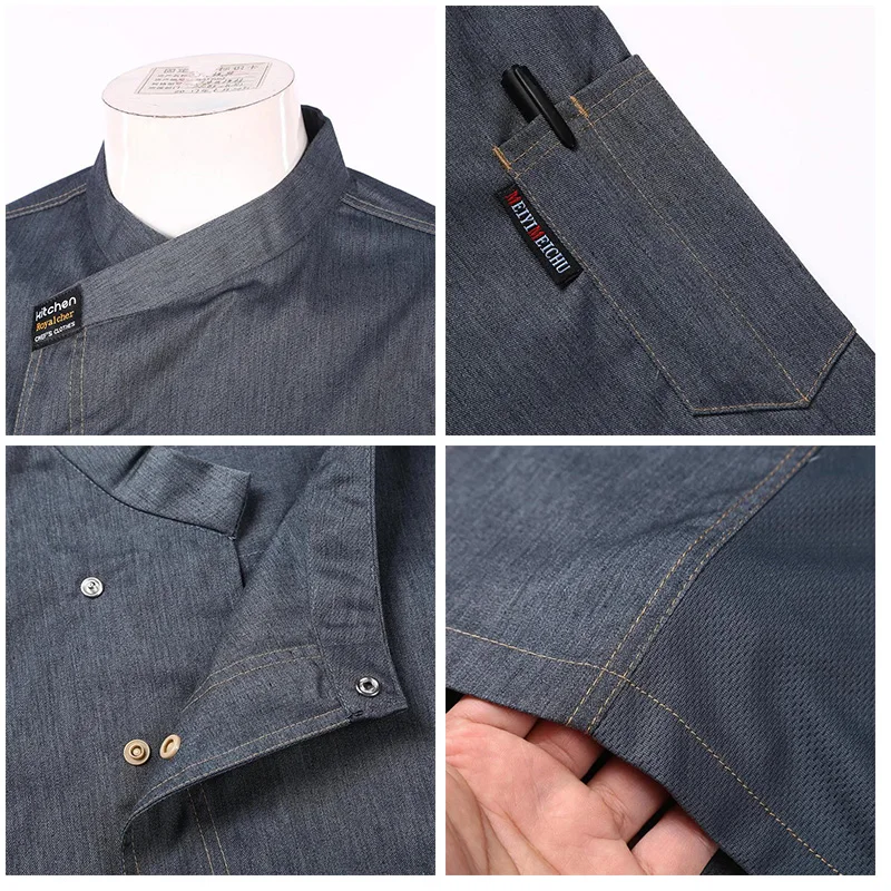 Gray Catering e Cozinha Camisa para Restaurante, Chef de Cozinha, Uniforme de Trabalho Baker, Roupas de Hotel, Cozinheiro Jacket, Macacão Café Garçom