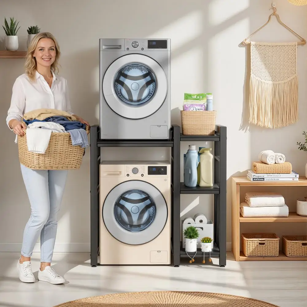 Adjustable Washer Dryer Stacking Rack with Storage