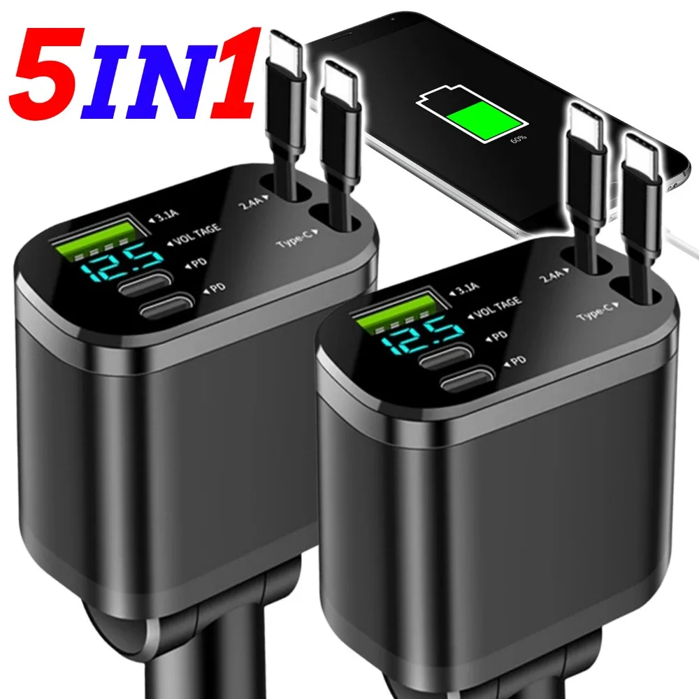

Fast Charging Car Charger 75W Retractable Cable 5 Ports USB Type C PD Adapter with LED Display for IPhone 15 14 Pro Max Samsung