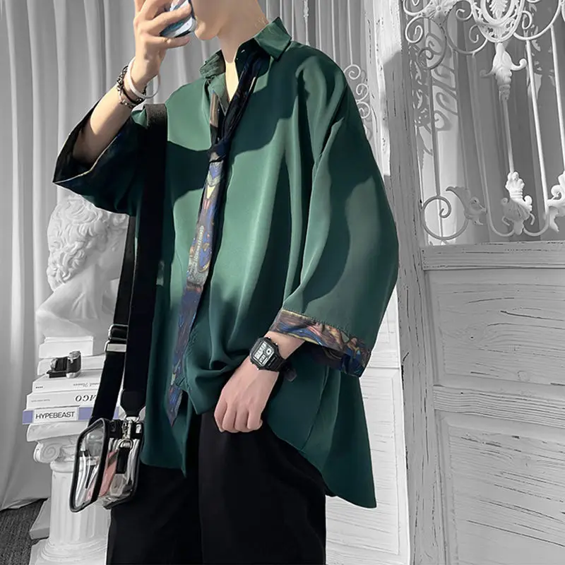 Korean Fashion Print Oversized Shirts Men Vintage Three-quarter Sleeve Button Down Blouse Tops with Tie for Teen