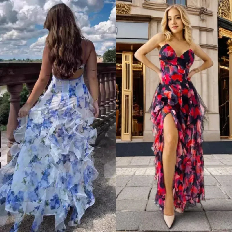 

Elegant Chiffon Floral Print Cami Dress With Ruffled Hem Sexy V Neck Backless Cami Dress Summer Fashion Women's Vacation Dress