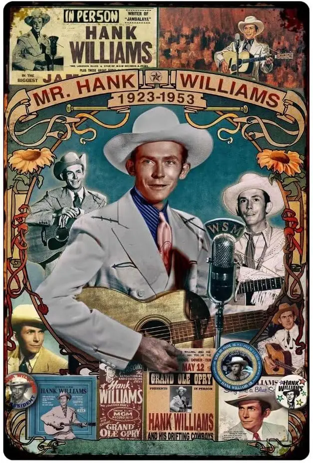 NZKLT Singer Hank Williams 1923-1953 carteles carteles de hojalata de Metal hogar dormitorio restaurante sala de estar decoración artística de pared de granja rústica