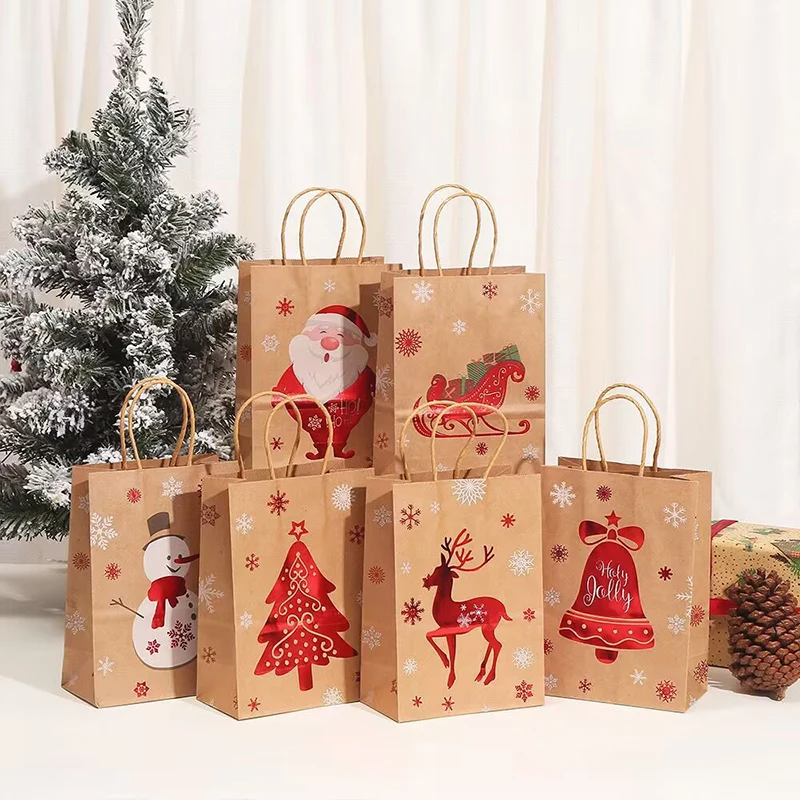 1Pcs Christmas Tote Kraft Paper Bag Reusable Grocery Shopping Totes Holiday Party Favor Bag Gilded Design Durable Storage Bag