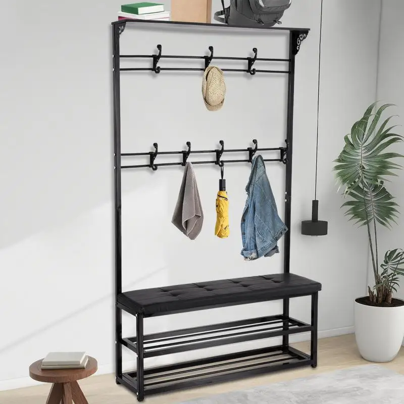 Hall Trees For Entryway 4-in-1 Coat Hanger Rack Metal Coat Stand Storage Bench Multifunctional Entryway Organizer For Living