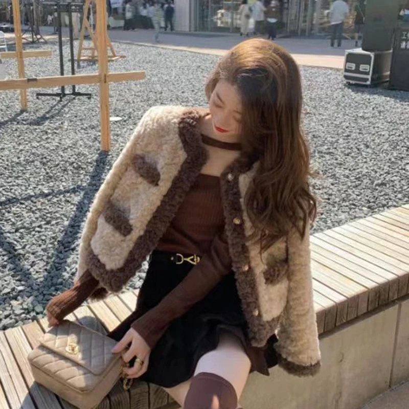 خمر المرقعة المحاصيل معاطف النساء فو الفراء كم طويل زر فضفاض سترة قصيرة عطر صغير كل مباراة س الرقبة بلايز عادية #3