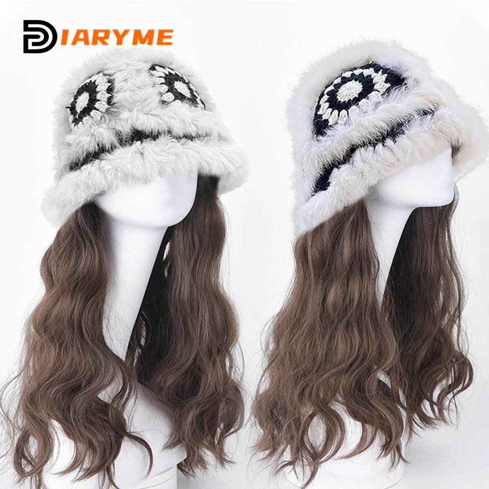 Synthetic Knitted Hat Wig Beanies Hat With Hair Wigs For WomenLong Wavy Hair Warm Soft Ski Knitted Autumn Winter Cap Wig Female