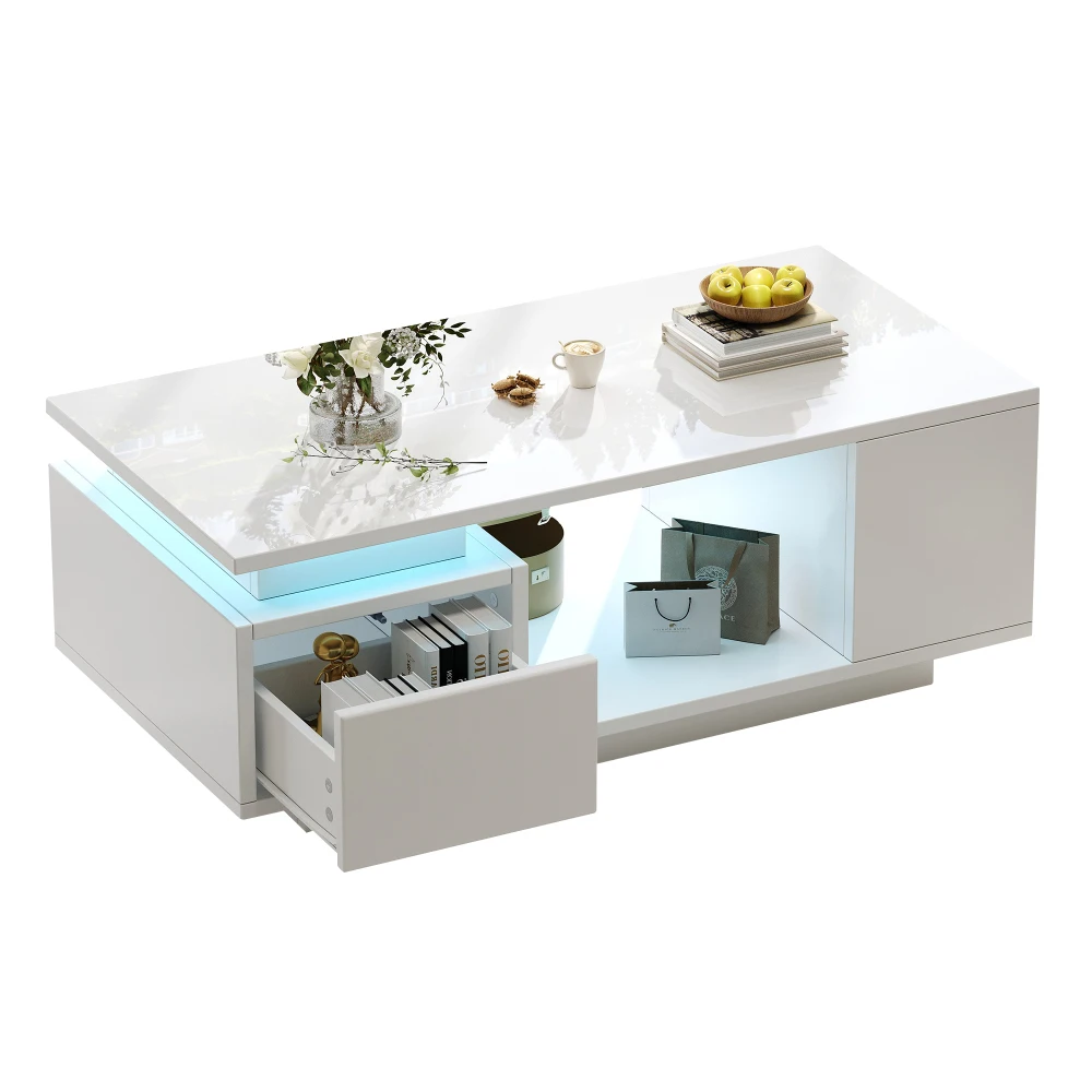 Ye High Gloss Coffee Table with Open Storage, 1 drawer, LED lights, Centre Table, Sofa Side Table, Office, 100*50*36cm, White