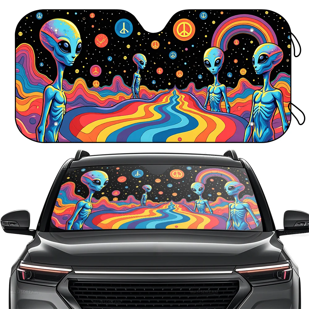 

1pc WILDLAVIE Psychedelic Alien Design Sunshade For Car Windshield - 57" X 27.5" UV Protection With 4 Free Suction Cups, Vibrant