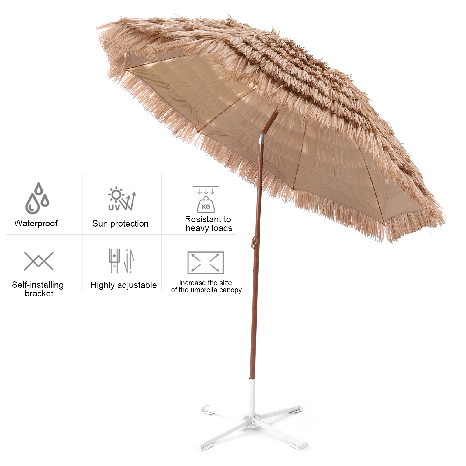 

Зонт для патио из соломы длиной 6,56 футов с регулировкой наклона и 8 спицами, гавайский соломенный зонт с защитой от УФ-излучения UPF 50+ для бара, сада, двора