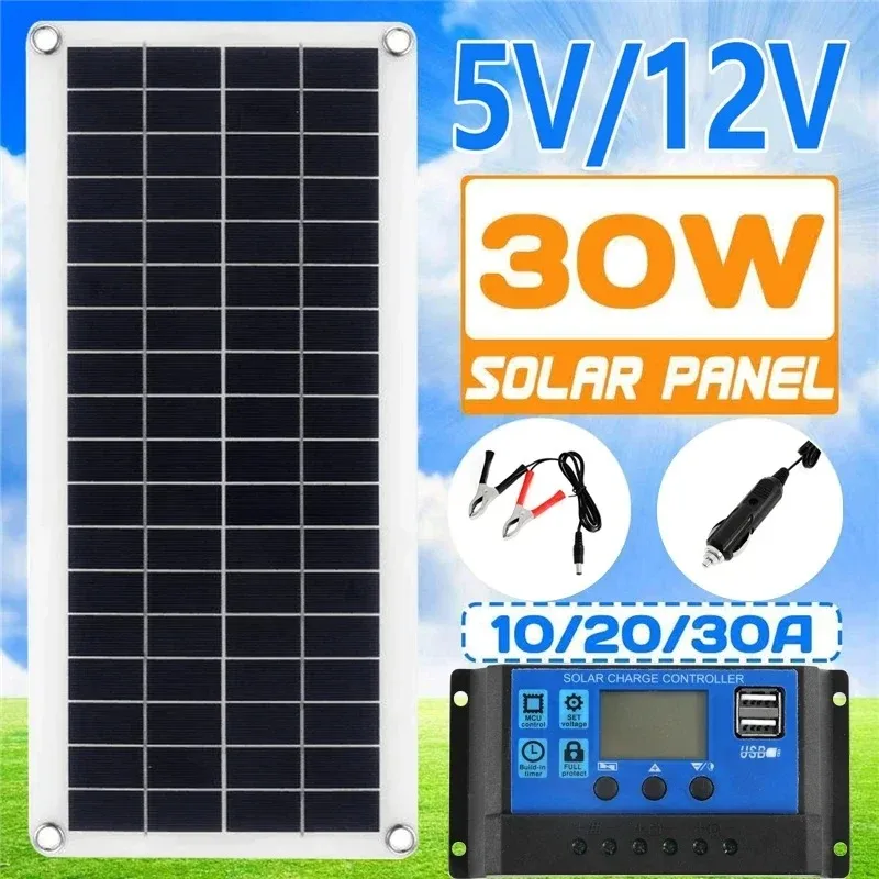 30W 12V Solar Panel Kit with Dual USB Output & 20A/30A/40A/50A Charge Controller for Car Yacht Boat Battery Charging