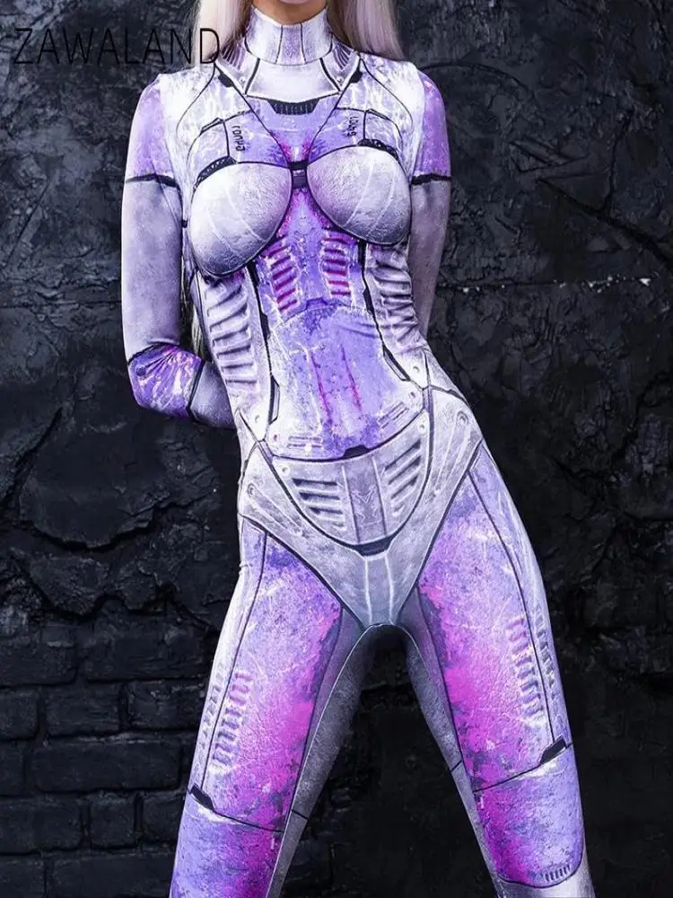 Zawaland-Combinaison de robot punk pour femme, olympiques de cosplay, imprimé violet, costume de batterie Zentai, mince, Halloween, carnaval, tenue de vacances