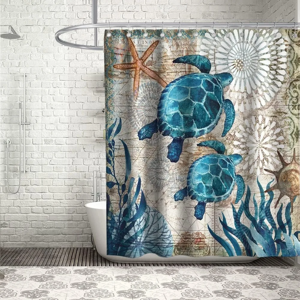 Nautical Green Sea Turtles Beach Theme Fabric Shower Curtain Sets Bathroom Teal Blue Ocean Decor with 12 Hooks 72 X 72 Inch