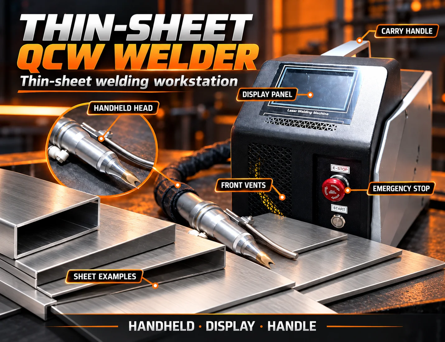 Portable QCW Thin Sheet Welder with Handheld Welding Head, Carry Handle and Front Control Interface