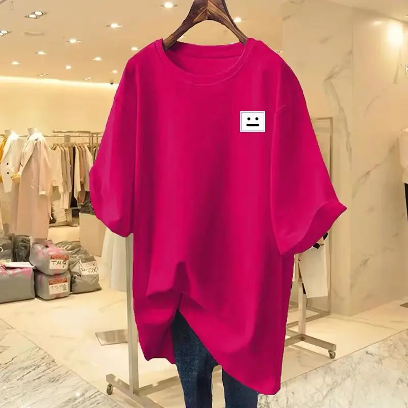 Summer Cotton Expression Print Basic T-shirts Women Clothing Casual Loose Short Sleeve Top Tees Office Lady Pullover 45-105Kg