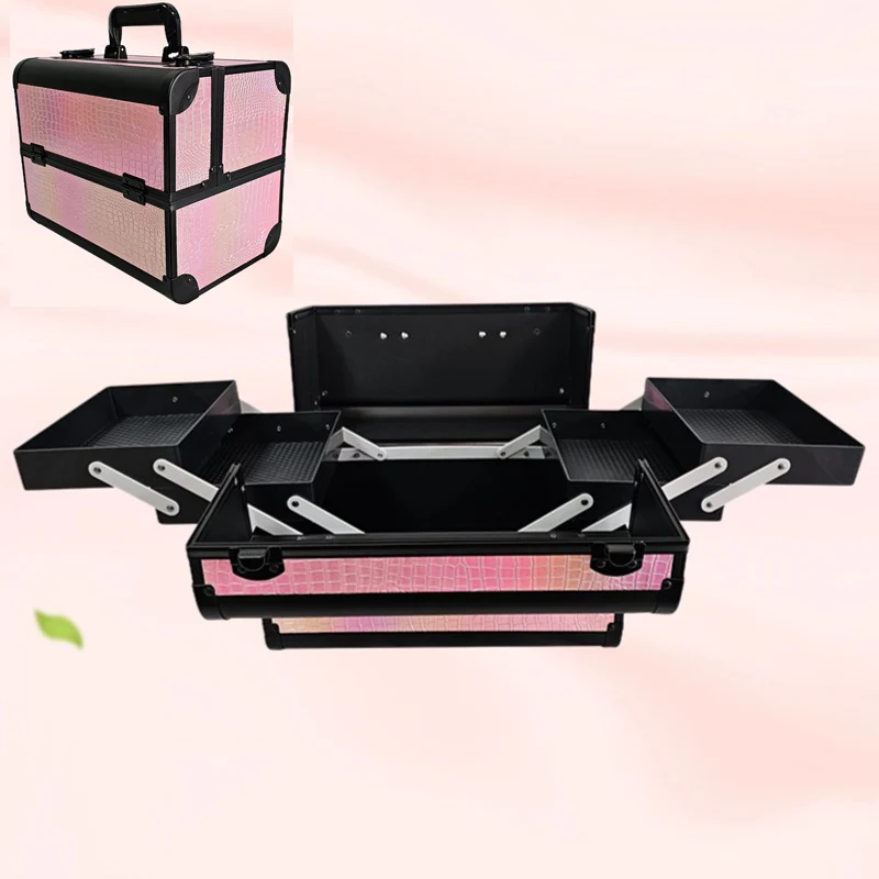 Crocodile Patterned Makeup Train Case Multi Layer Cosmetic Box Organizer with Dimensional Details for Skincare Makeup Storage