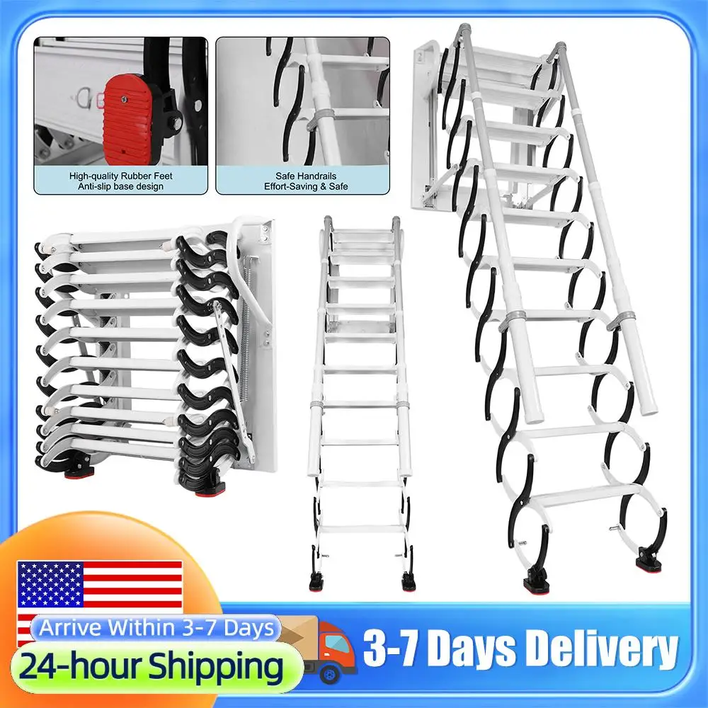 

Folding Ladder Wall-Mounted Folding Stairs with Handrails Retractable Loft Ladder for Home Indoor Outdoor/Storehouse/Basement