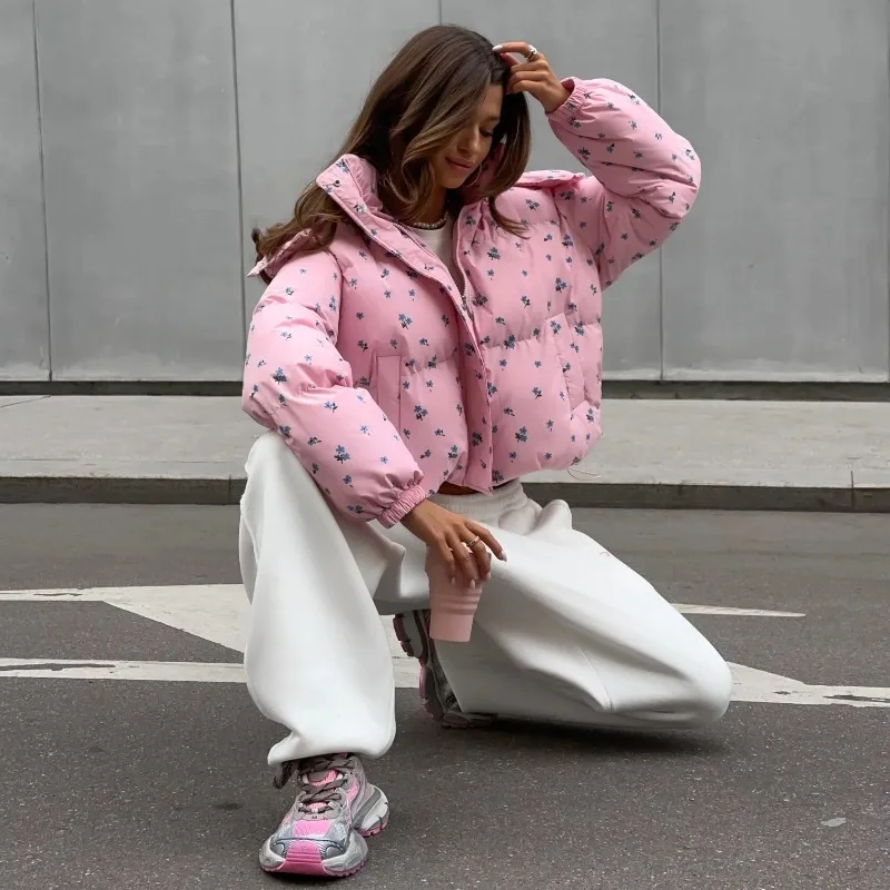 クロスボーダーパン服花柄巾着フード付き取り外し可能な綿パッド入りハイエンドファッション多用途ジャケット女性用