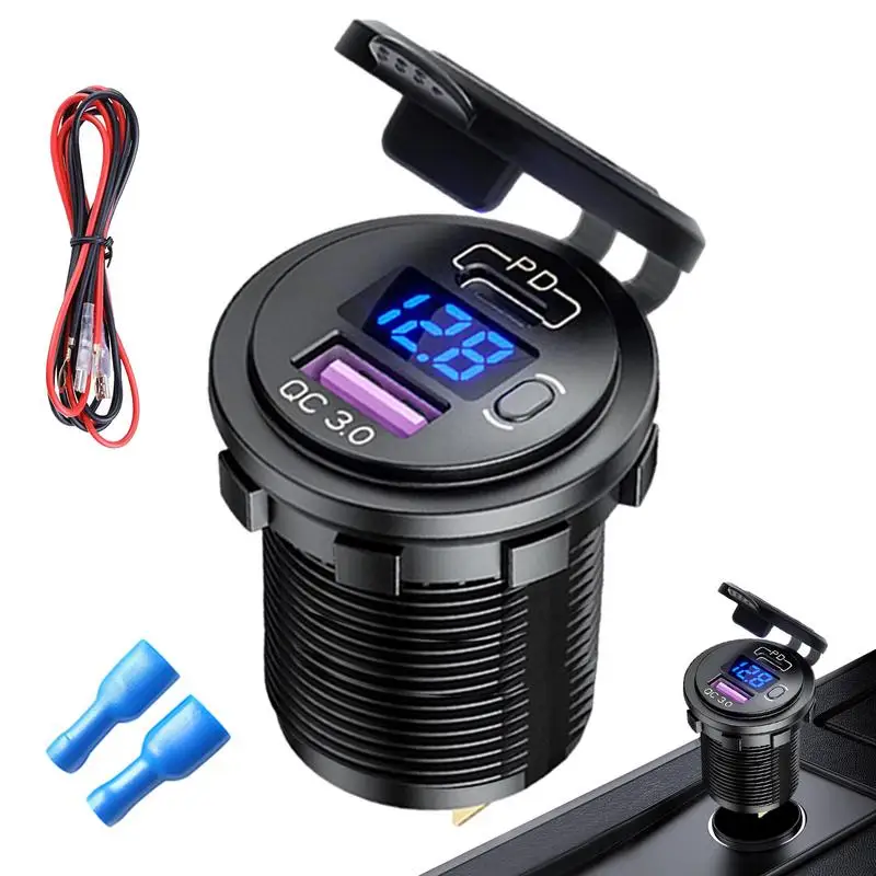 Car Phone Charger Fast Power Charging Block QC3.0 Type-C PD Dual Port Adapter With Digital Display Voltmeter Phone Car Charger