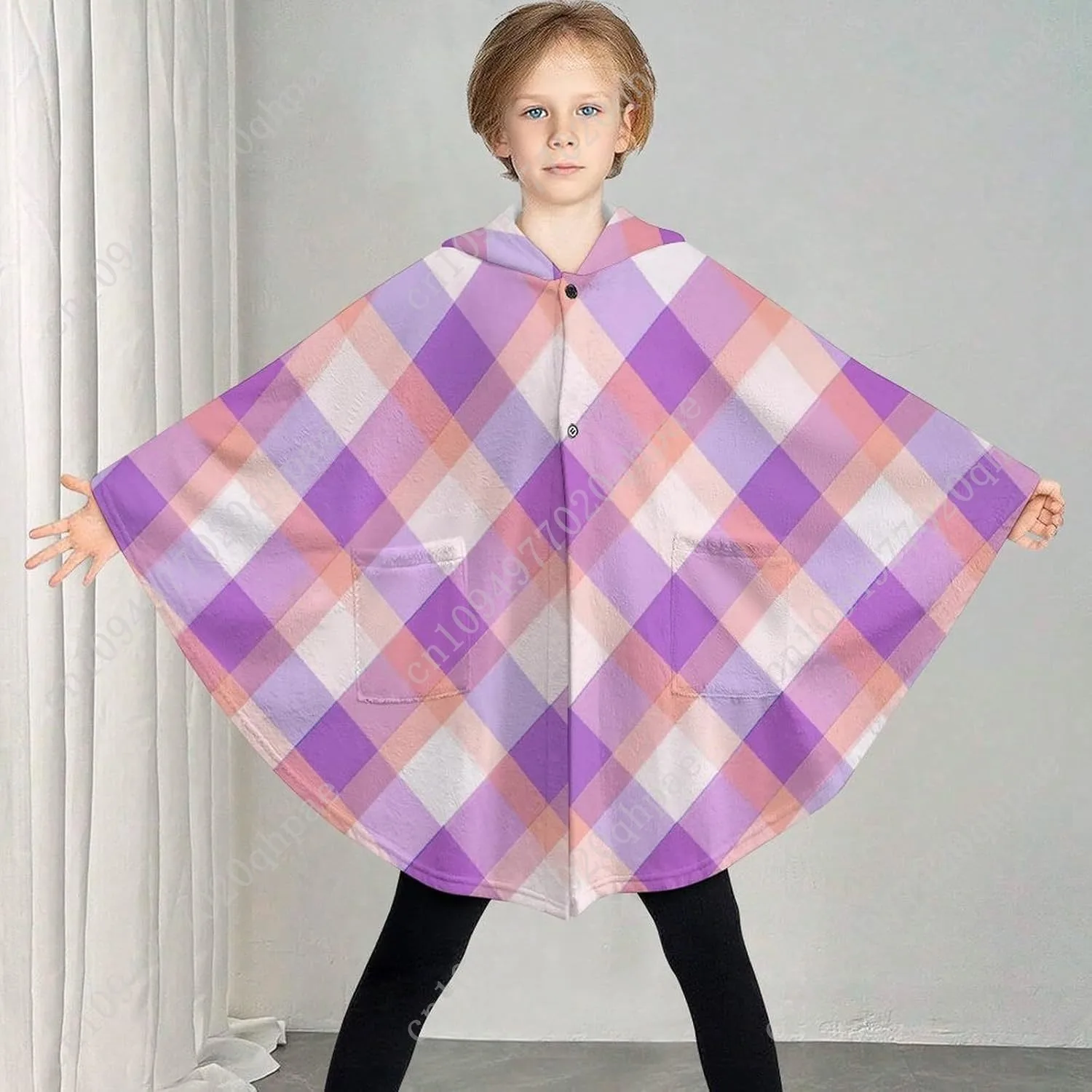 Gezellige flanellen deken trui, paarse geruite oversized hoodie met zakken voor kinderen en tieners