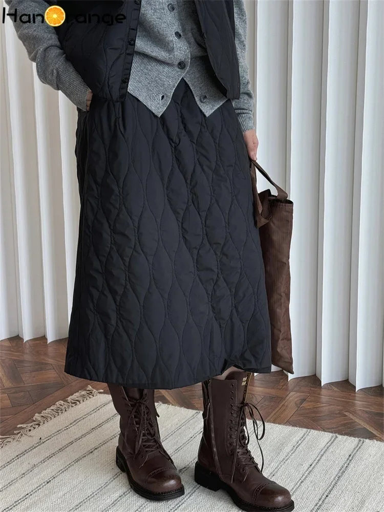 

HanOrange 2024 Autumn Winter Retro A-line Quilted Skirt Comfortable Warm Loose Cotton Padded Skirt Black/Gray Green