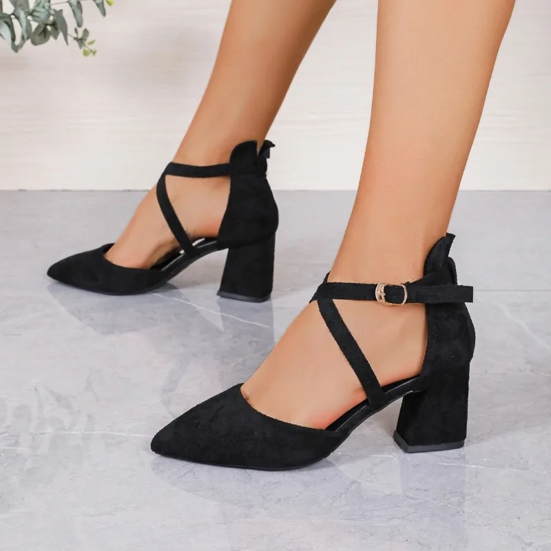 2024 Fashion Women\'s Shoes Closed Toe Women\'s Sandals Summer Dress Sandals Women Cover Heel Buckle Strap High Heels Shoes Female