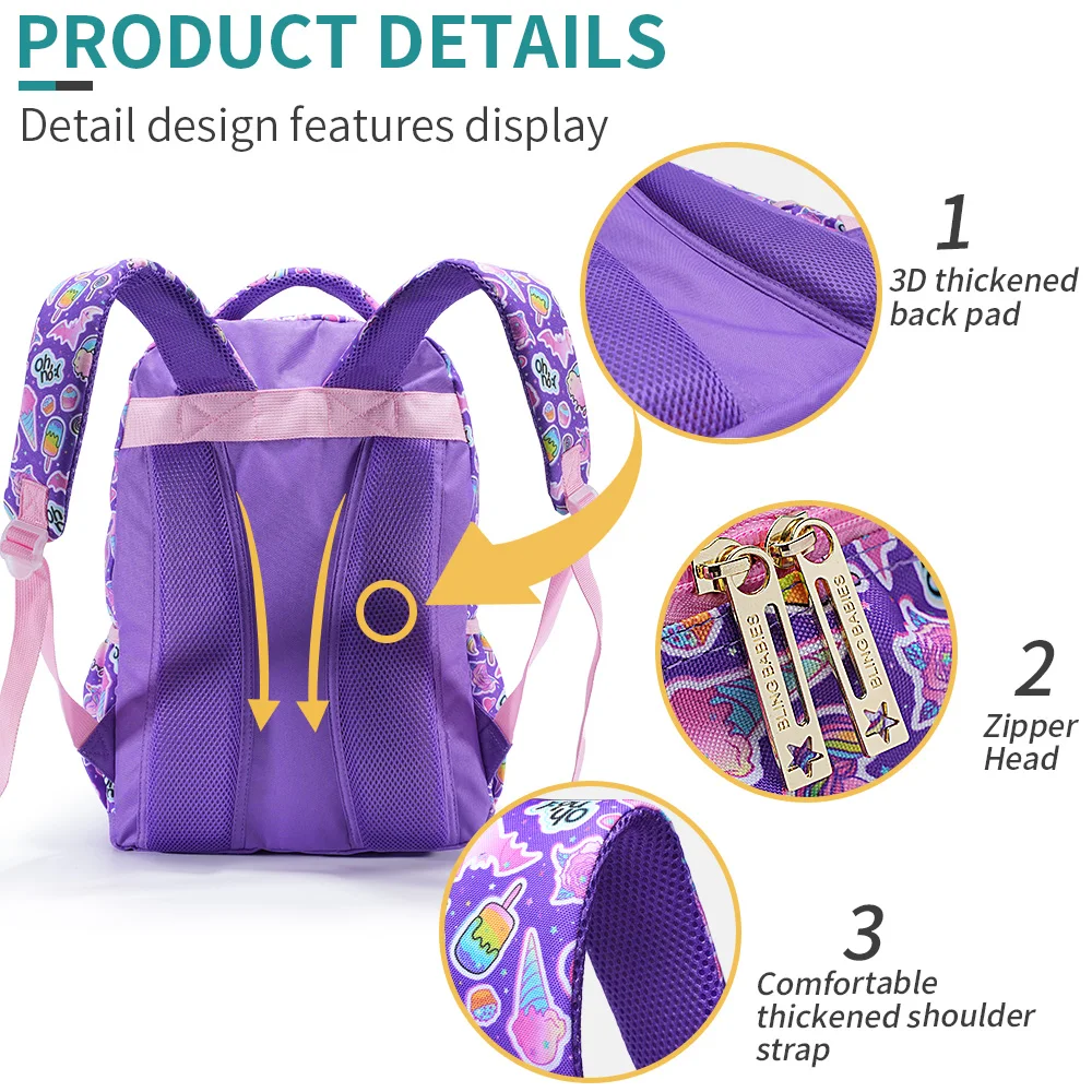3点セット 女の子用リュックサック キッズスクールバッグ ランチバッグとペンケース付き パープルユニコーン キュートなスパンコール 暗闇で光る機能付き