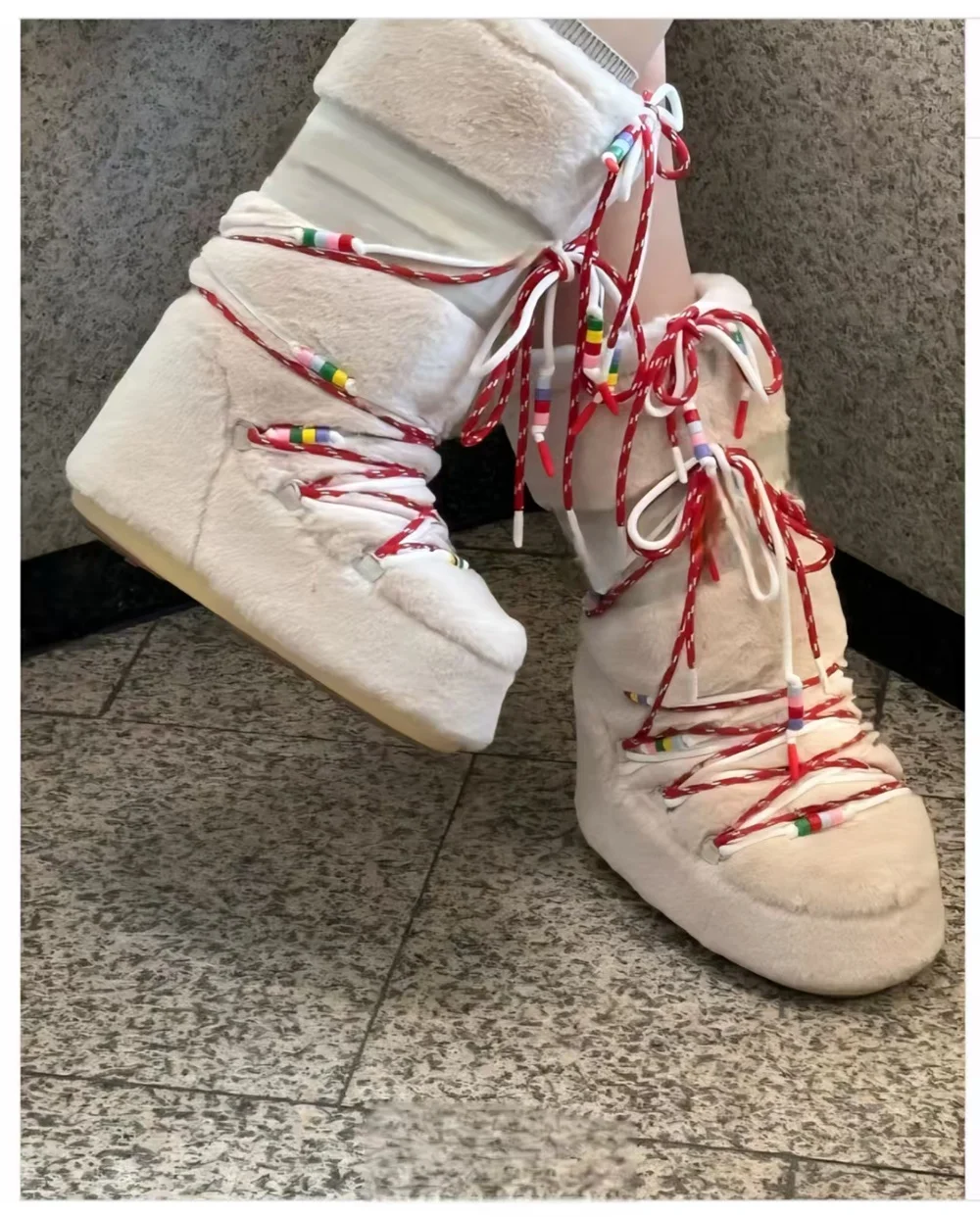 

White Faux Fur Platform Ankle Boots Bold Red Beaded Lace-Up Ties Chunky Sole Fluffy Playful Warm Snow Boots Winter Casual Looks
