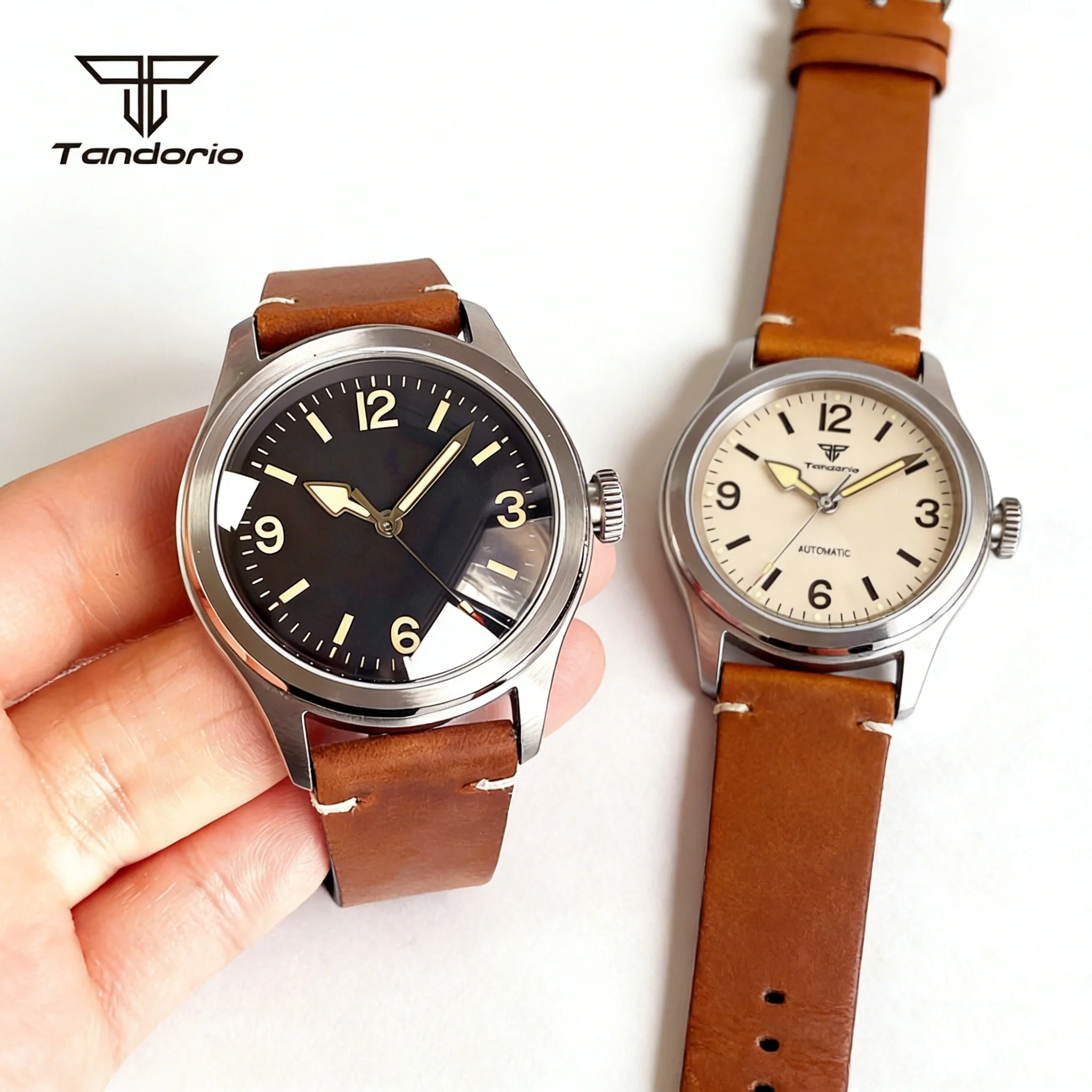 Tandorio Vintage Automatic 38mm Mechanical Field Watch for Men NH35/Asia2824 Sapphire Luminous Pilot Wristwatch Transparent Back