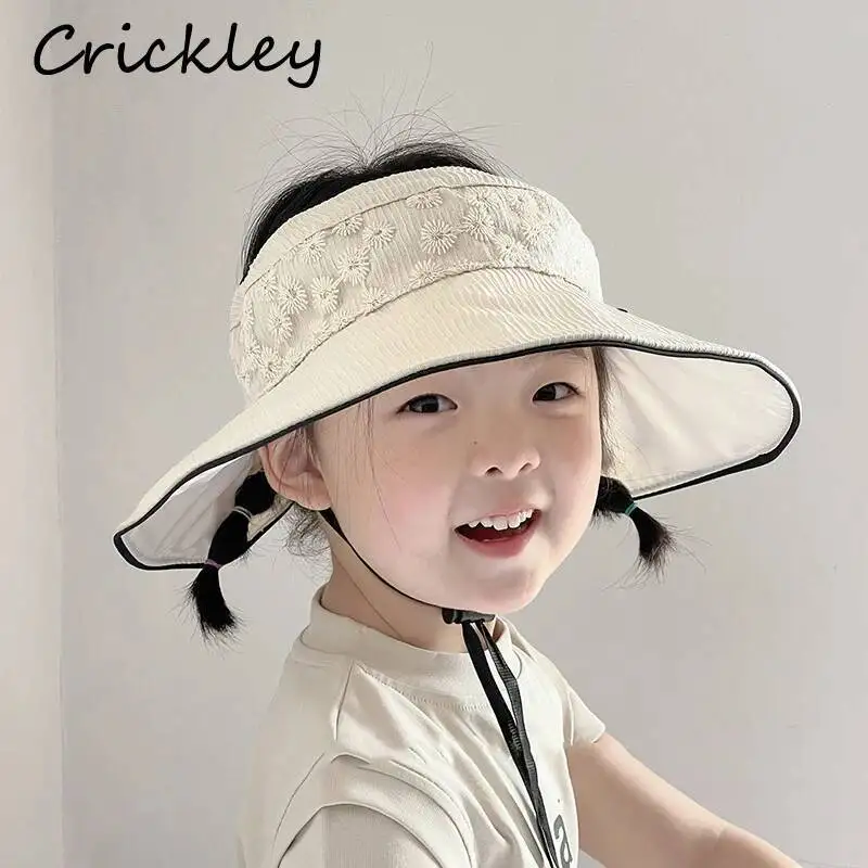 Flowers Embroidery Girls Sun Hats Summer UV Protection Wide Brim Children Open Top Soft Kids Beach Caps Accessory