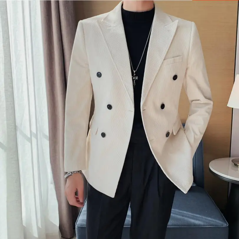 2024 Autumn And Winter Men\'s Corduroy Double-Breasted Suit Coat Jackets High Quality Slim Fit Casual Blazers Gift For Husband