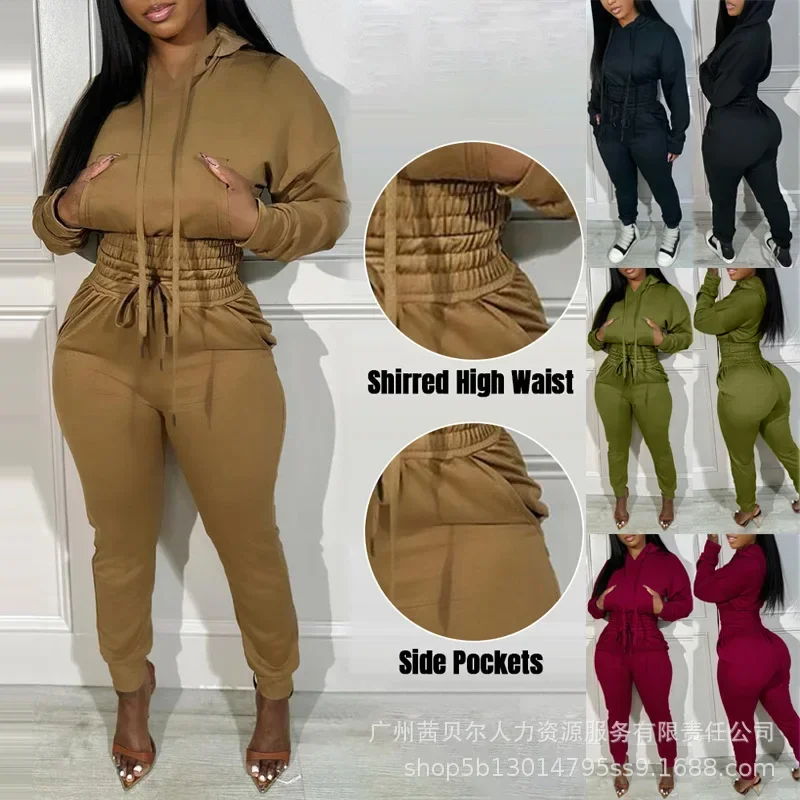 Women Two Piece Sets Pant Sets Hooded Tracksuit Long Sleeve Sweatshirts Tops Long Pants High Elastic Waist Lace Up Elegant