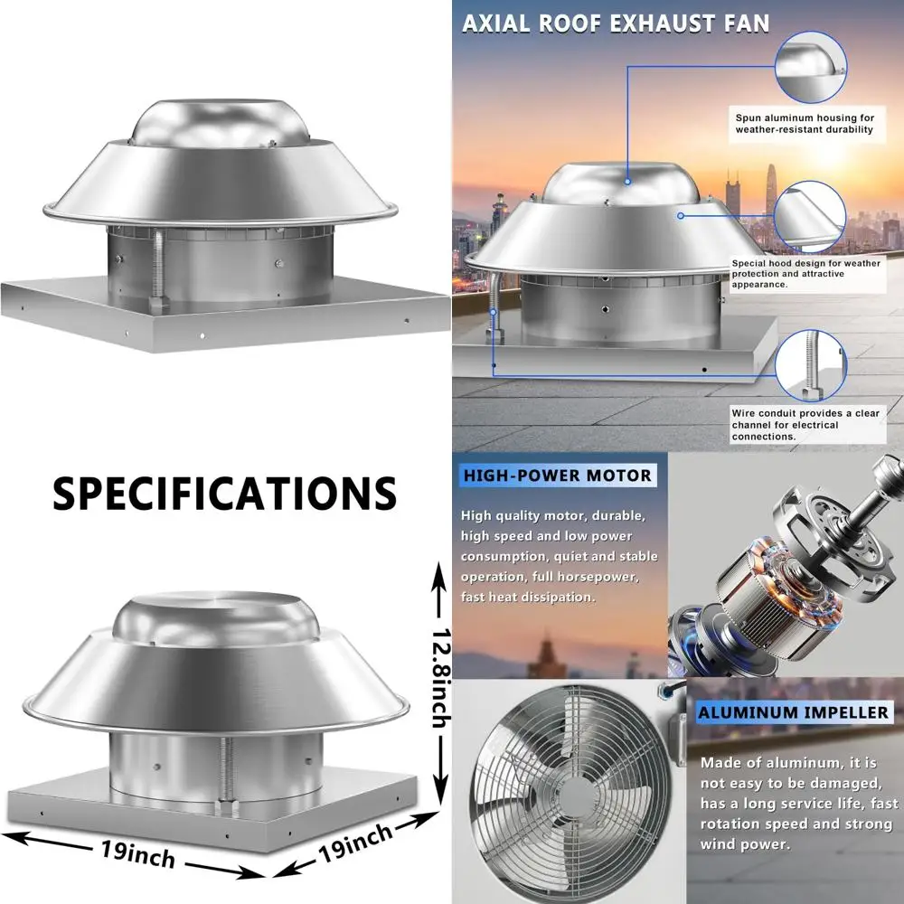 مروحة عادم السقف المحورية ذات المحرك المباشر - 19 قاعدة، 1/10 حصان، 115 فولت، مرحلة واحدة، 830 CFM، قائمة ETL، موفرة للطاقة #1